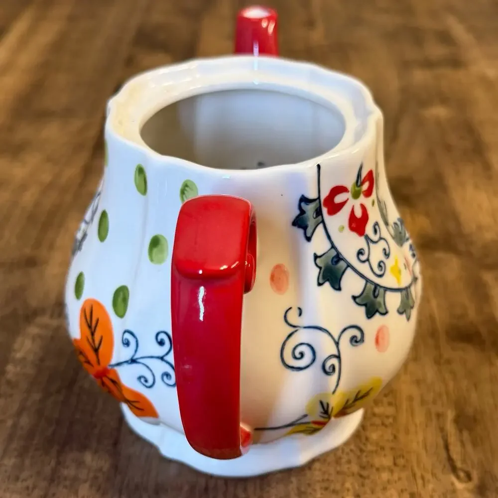 Pier 1 Imports Teapot + Creamer Paisley Flowers Stoneware Handpainted Red White